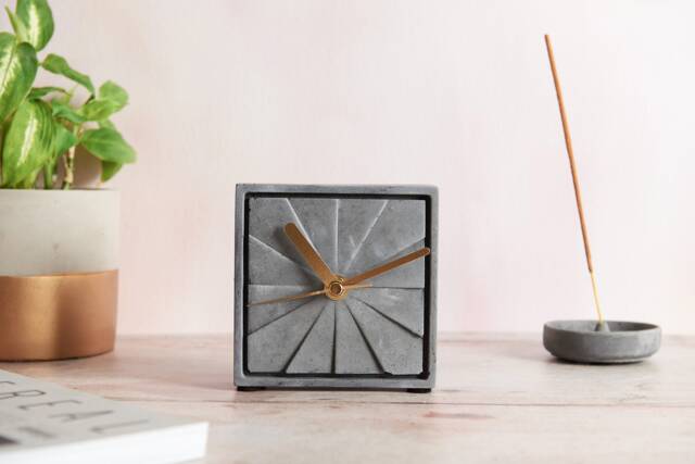 Handmade Square Geometric Concrete Clock Modern Minimal Design With Gold Hands, Non Tick Clock - image 1