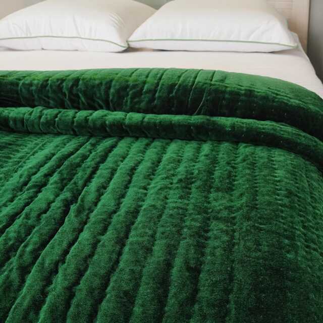 Emerald Green Velvet Quilt, Quilt King, Lap Size Handmade Bedspread, Pick Stitch Pom Comforter, Christmas - image 1