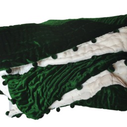 Emerald Green Velvet Quilt, Quilt King, Lap Size Handmade Bedspread, Pick Stitch Pom Comforter, Christmas - thumbnail 3
