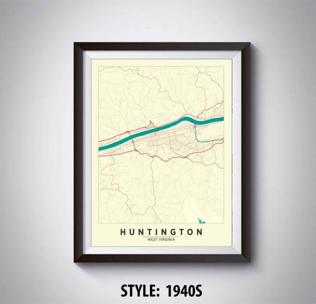Huntington Wv Map Print Vintage Style Office Wall Art - image 1
