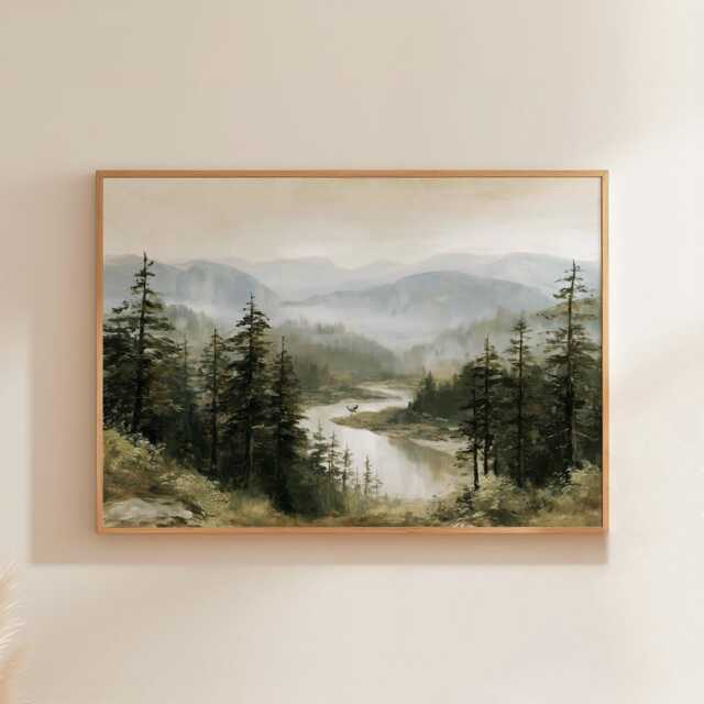Misty River Poster, Pine Valley Print, Nature Wall Art, Paper - image 1