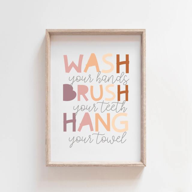 Wash Your Hands, Brush Teeth, Hang Towel Print, Kids Bathroom Prints, Signs, Decor, Wall Art - image 1