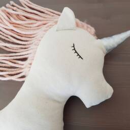 stuffed Unicorn Doll, Wool Yarn Mane, Embroidered Eyes Nursery Decor - thumbnail 2