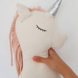 stuffed Unicorn Doll, Wool Yarn Mane, Embroidered Eyes Nursery Decor - thumbnail 3
