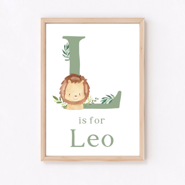 Sage Green Lion Nursery Wall Decor, Name Print, Jungle Bedroom, Personalised Safari Art, Watercolour Boys - image 1