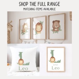 Sage Green Lion Nursery Wall Decor, Name Print, Jungle Bedroom, Personalised Safari Art, Watercolour Boys - thumbnail 2