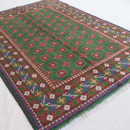 5x8 Green Afghan Rug Turkmen Tribal Bukhara Rug, Hand Knotted Veg Dyes Wool Oriental Traditional Area Bedroom Living Room - thumbnail 2