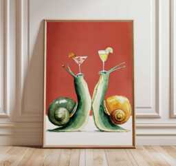 Snail Cocktail Poster, Whimsical Bar Wall Art, Funny Animal Print, Retro Kitchen Decor, Quirky Illustration, Martini Drink Artwork - thumbnail 1