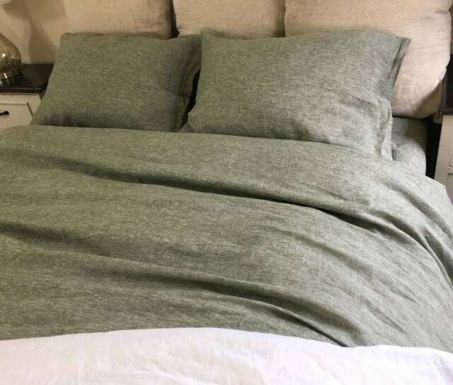 Chambray Olive Green Linen Duvet Cover, Weaved Striped Custom Size Cover - image 1