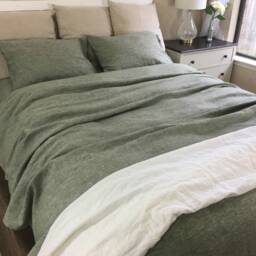 Chambray Olive Green Linen Duvet Cover, Weaved Striped Custom Size Cover - thumbnail 2