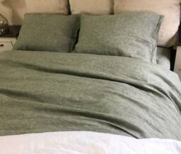 Chambray Olive Green Linen Duvet Cover, Weaved Striped Custom Size Cover - thumbnail 1