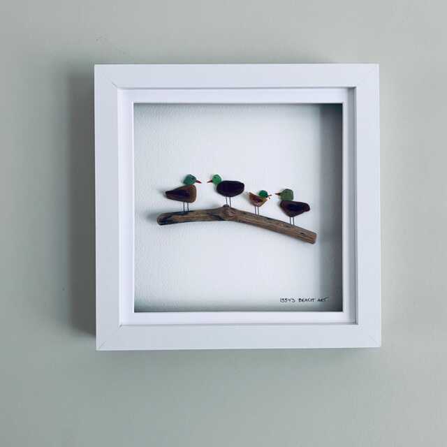 Cornish Sea Glass Ducks Wall Art Framed Family Pebble Picture Handmade in Cornwall - image 1