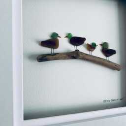 Cornish Sea Glass Ducks Wall Art Framed Family Pebble Picture Handmade in Cornwall - thumbnail 3