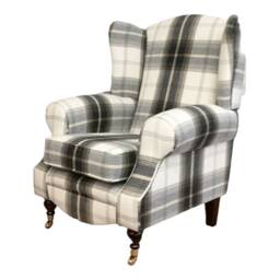 Queen Anne Wing Back Cottage Fireside Chair Balmoral Charcoal Tartan Dark Wood Legs
