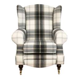 Queen Anne Wing Back Cottage Fireside Chair Balmoral Charcoal Tartan Dark Wood Legs - thumbnail 2