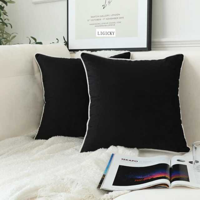 Velvet Black Cushion Cover With White Piping Pillow Decorative Piped Covers - All Sizes - image 1