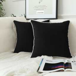 Velvet Black Cushion Cover With White Piping Pillow Decorative Piped Covers - All Sizes - thumbnail 1