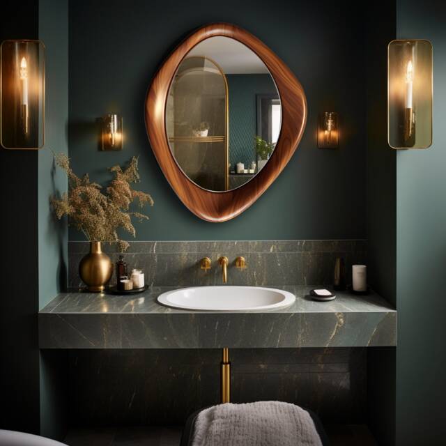 Walnut Wood Asymmetrical Mirror Modern Home & Wall Decor, Vanity, Bathroom, Living Room Mirror - image 1