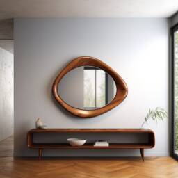 Walnut Wood Asymmetrical Mirror Modern Home & Wall Decor, Vanity, Bathroom, Living Room Mirror - thumbnail 3