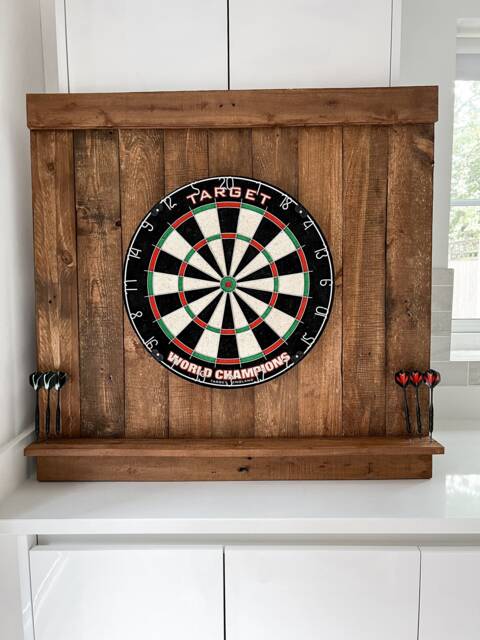 Handcrafted Wooden Dartboard Surround - Rustic Reclaimed Wood Backboard With Shelf Game Room & Man Cave Wall Decor - image 1