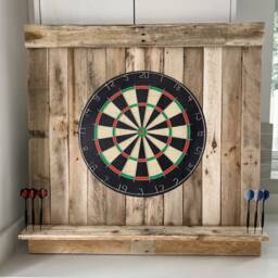 Handcrafted Wooden Dartboard Surround - Rustic Reclaimed Wood Backboard With Shelf Game Room & Man Cave Wall Decor - thumbnail 3