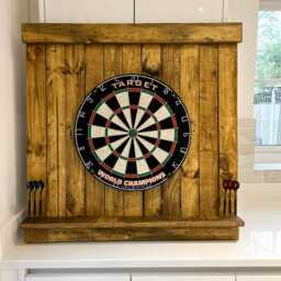 Handcrafted Wooden Dartboard Surround - Rustic Reclaimed Wood Backboard With Shelf Game Room & Man Cave Wall Decor - thumbnail 2