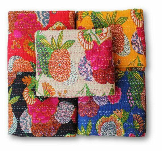 Sale, 5 Piece Lot's, Beautiful Floral Print Kantha Quilt, Bedspread Throw, Coverlet, Perfect Bed Matching For Your Bedroom, Queen Size Quilt