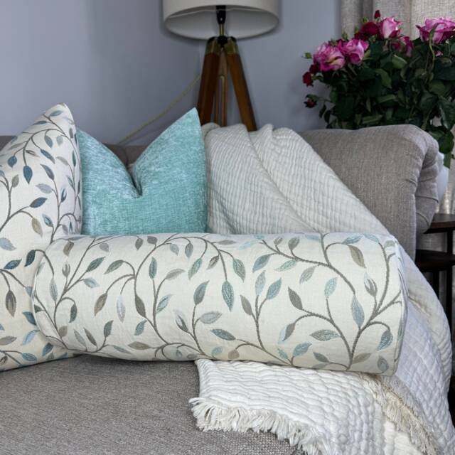 "Decorative Leaf Design Cushion Bolster, Modern Sofa Chair Cylinder Pillow, Green -Duck Egg 16""x 6" - image 1