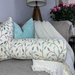 "Decorative Leaf Design Cushion Bolster, Modern Sofa Chair Cylinder Pillow, Green -Duck Egg 16""x 6" - thumbnail 1