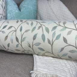 "Decorative Leaf Design Cushion Bolster, Modern Sofa Chair Cylinder Pillow, Green -Duck Egg 16""x 6" - thumbnail 2