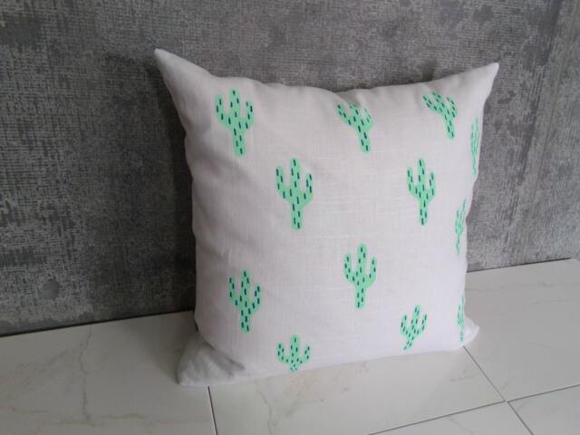 White Linen Cactus Pillow Cover Mint Green Blue Decorative Throw Cushion Bright Home Decor Block Printed Boys Girls Bedroom Nursery Prop Bed - image 1