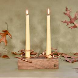 Handmade Copper & Walnut Candle Holder, Modern Shelf Decor - thumbnail 2