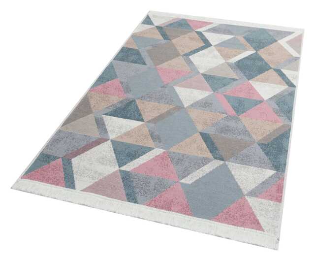 Pastel Geometric Rug Recycled Cotton Kilim, Washable Scandinavian Decor - image 1