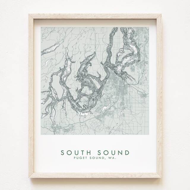 South Puget Sound Map Hand Drawn Topographic Washington Bathymetric Drawing - Art Print Salish Sea Sound Vashon Olympia Tacoma - image 1