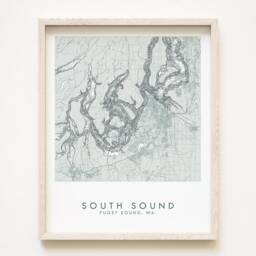 South Puget Sound Map Hand Drawn Topographic Washington Bathymetric Drawing - Art Print Salish Sea Sound Vashon Olympia Tacoma - thumbnail 1