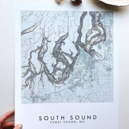 South Puget Sound Map Hand Drawn Topographic Washington Bathymetric Drawing - Art Print Salish Sea Sound Vashon Olympia Tacoma - thumbnail 3