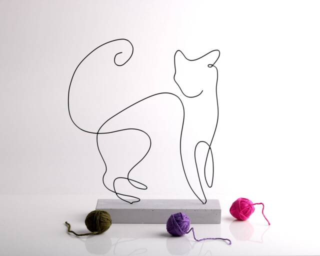 Handmade Cat Wire Sculpture Abstract Minimalist Decor - image 1