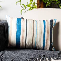 Watercolour Ocean Stripe Boudoir Cushion Cover. Traditional Nautical Horizontal Stripes in Marine Blue & Grey Hues. 17x12