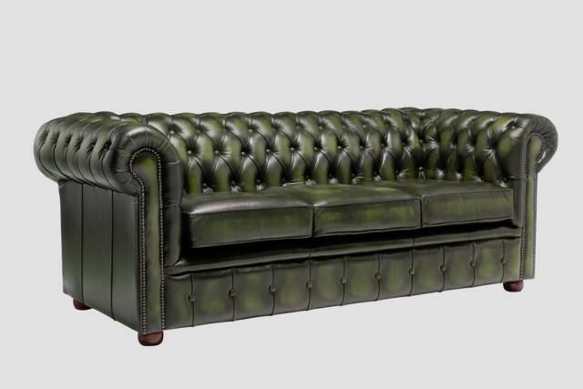 Chesterfield Real Leather Three Seater Sofa Genuine Antique Green