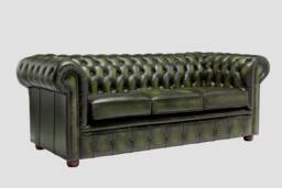 Chesterfield Real Leather Three Seater Sofa Genuine Antique Green