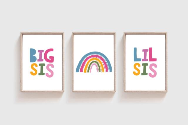 3 Sister Prints, Rainbow Wall Art, Girls Bedroom Big Sis Lil Sis, Sibling Prints - image 1
