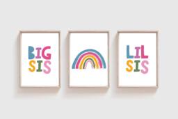 3 Sister Prints, Rainbow Wall Art, Girls Bedroom Big Sis Lil Sis, Sibling Prints - thumbnail 1
