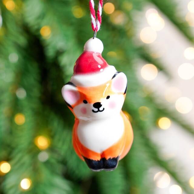Handmade Ceramic Fox Christmas Ornament Santa Hat Figurine - image 1