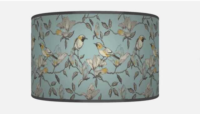 Garden Birds Lampshade - Blue & Mustard Drum Pendant Light Shade Handmade Cylinder Ceiling Lamp For Nature Inspired Decor - image 1