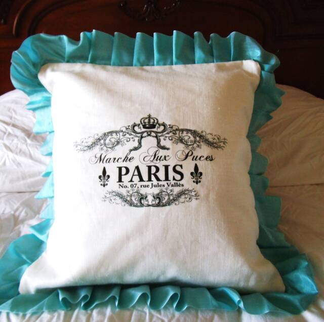 Free Shipping Romantic White Linen Paris Ribbon Ruffle Pillow Cover - 1129 - image 1