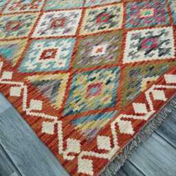Tribal Kilim Rug, Handmade Artisan Afghan Turkish, Scandinavian, Navajo, Bohemian Flatweave, Natural Wool Multicolour Rug 197x152 cm - thumbnail 3