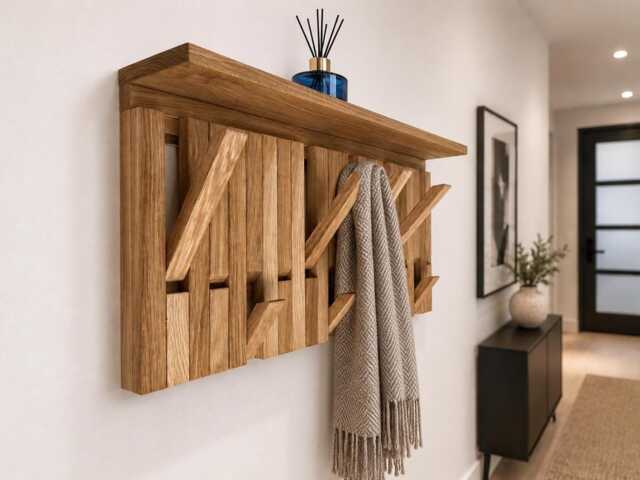 Coat Rack Wall Mounted With Optional Shelf - Solid Oak Handmade - image 1