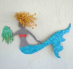 Handmade Mermaid & Squid Metal Wall Art Coastal Beach House Decor - 14 X 18 - thumbnail 1