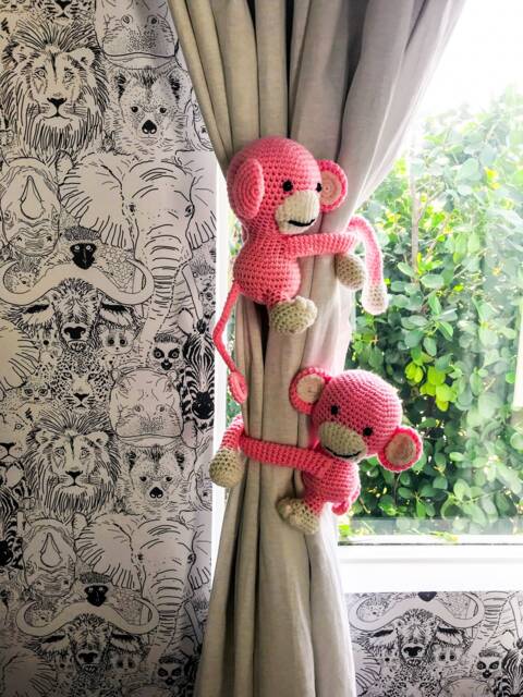 Set Of Monkey Curtain Holders, Tie Back, Nursery Room Decor, Animals, Baby, Crochet Monkey, Safari - image 1