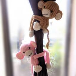 Set Of Monkey Curtain Holders, Tie Back, Nursery Room Decor, Animals, Baby, Crochet Monkey, Safari - thumbnail 3